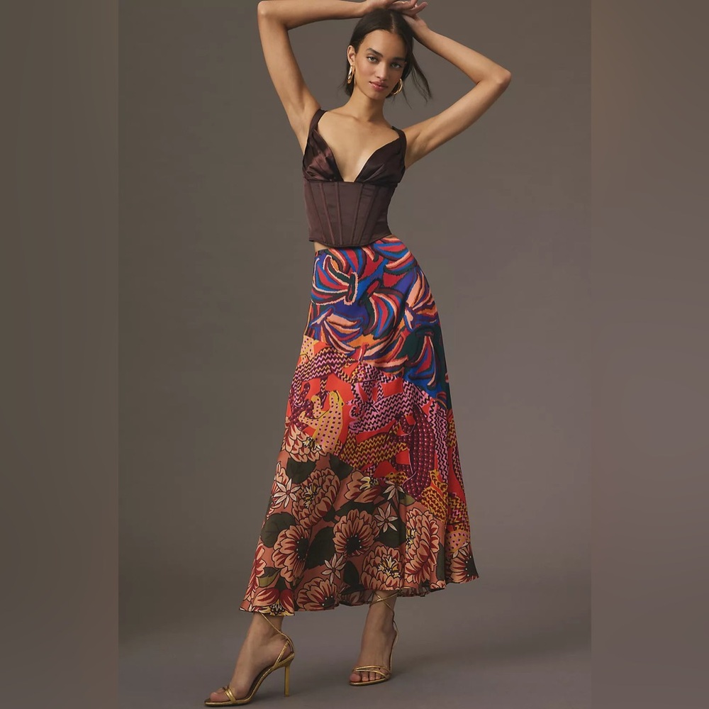 FARM Rio Mixed Print Satin Midi Maxi Slip Skirt S